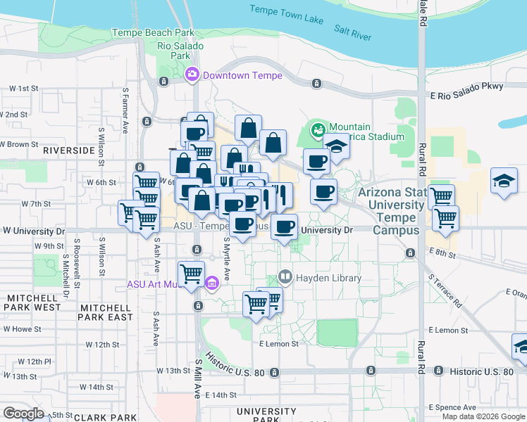 map of restaurants, bars, coffee shops, grocery stores, and more near in Tempe