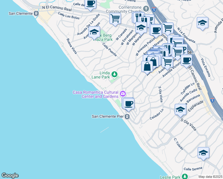 map of restaurants, bars, coffee shops, grocery stores, and more near 412 Arenoso Lane in San Clemente