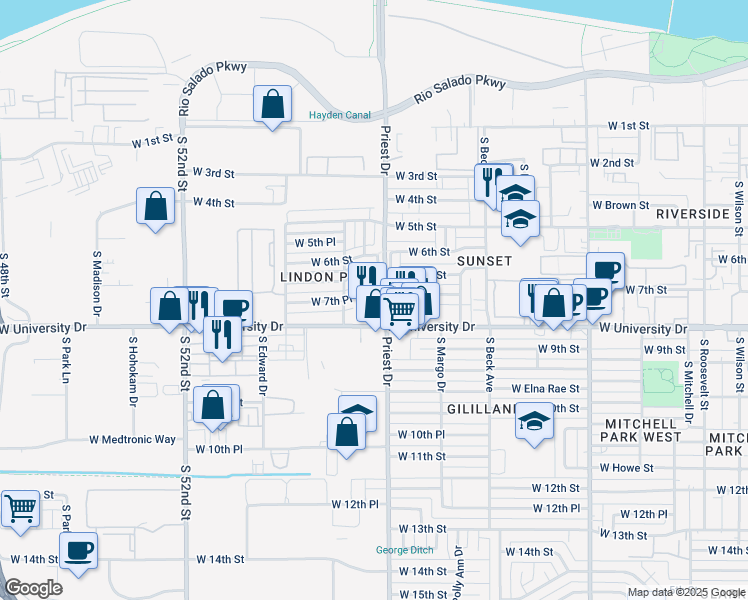 map of restaurants, bars, coffee shops, grocery stores, and more near 1407 West 7th Place in Tempe