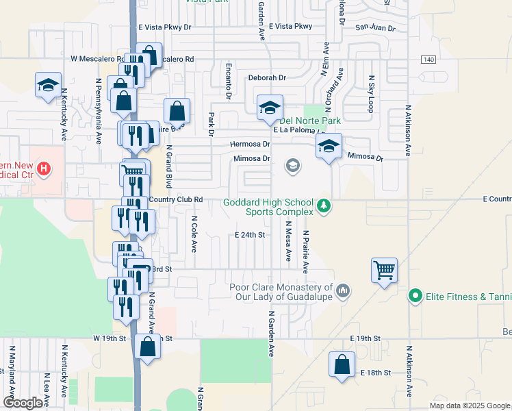 map of restaurants, bars, coffee shops, grocery stores, and more near 500 East Country Club Road in Roswell