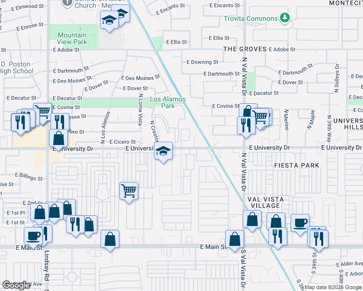 map of restaurants, bars, coffee shops, grocery stores, and more near 3429 North University Place in Mesa