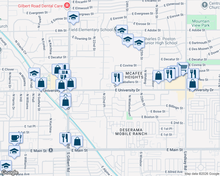 map of restaurants, bars, coffee shops, grocery stores, and more near 2260 East University Drive in Mesa
