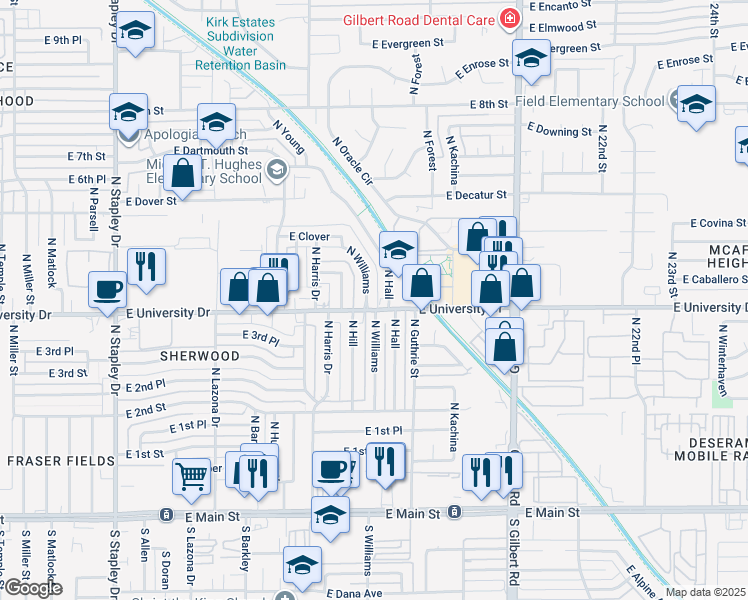 map of restaurants, bars, coffee shops, grocery stores, and more near in Mesa
