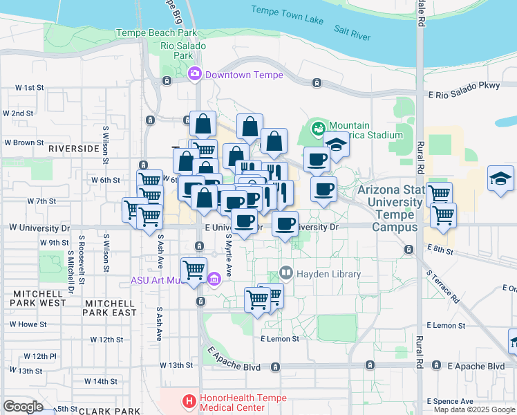 map of restaurants, bars, coffee shops, grocery stores, and more near in Tempe