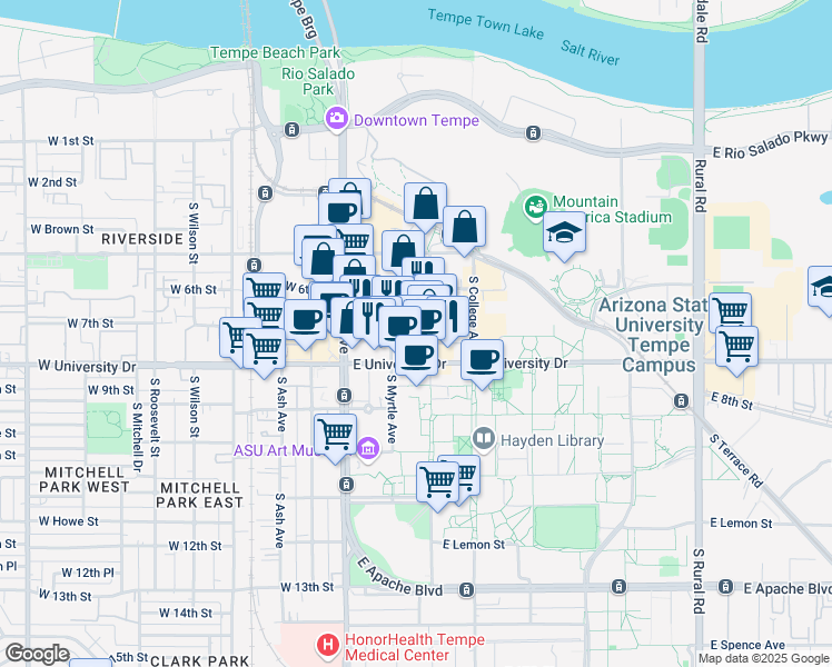 map of restaurants, bars, coffee shops, grocery stores, and more near 113 East 7th Street in Tempe