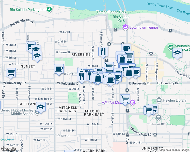 map of restaurants, bars, coffee shops, grocery stores, and more near 407 West 7th Street in Tempe