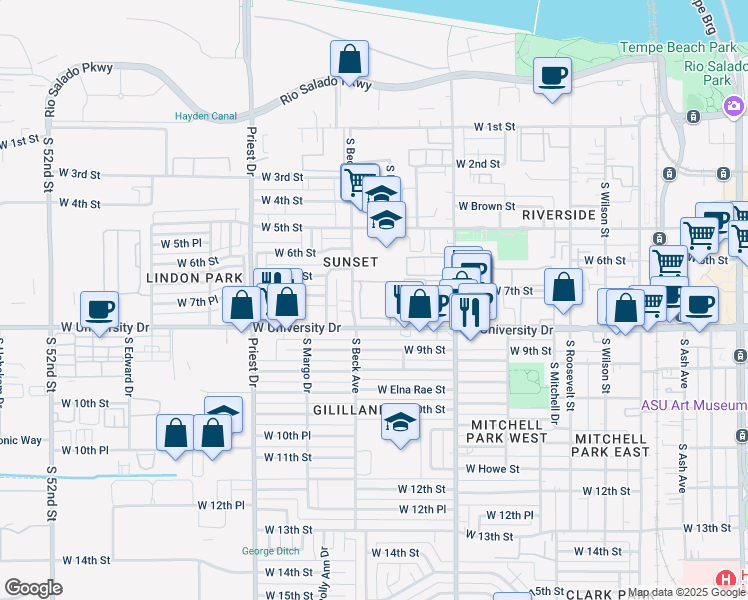 map of restaurants, bars, coffee shops, grocery stores, and more near 1150 West University Drive in Tempe