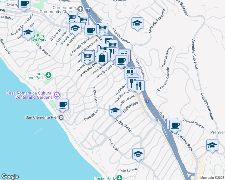 map of restaurants, bars, coffee shops, grocery stores, and more near 223 Avenida Monterey in San Clemente