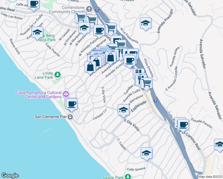 map of restaurants, bars, coffee shops, grocery stores, and more near 231 Avenida Santa Barbara in San Clemente