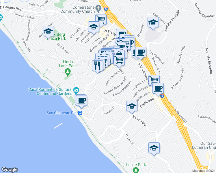 map of restaurants, bars, coffee shops, grocery stores, and more near 401 South Ola Vista in San Clemente