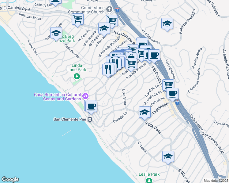 map of restaurants, bars, coffee shops, grocery stores, and more near 258 Avenida Victoria in San Clemente