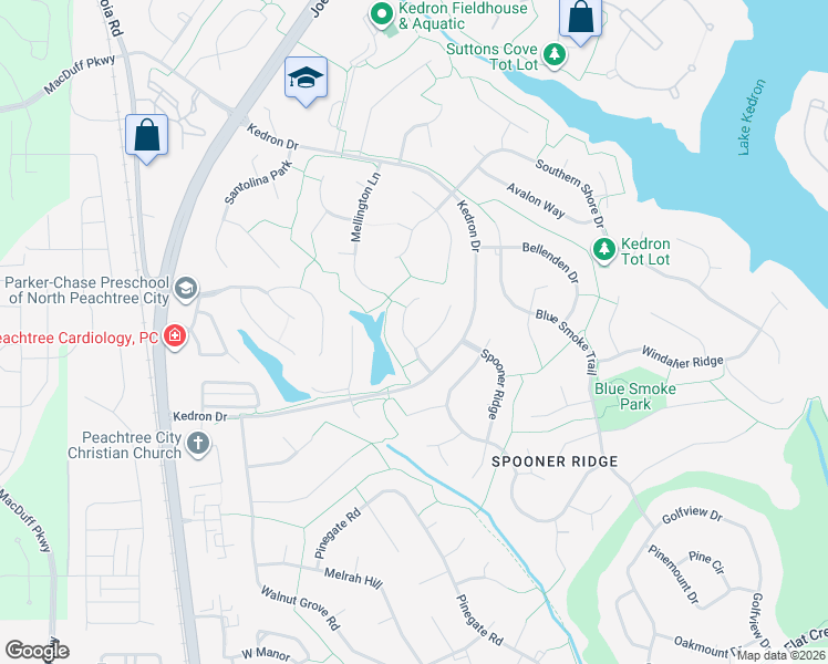 map of restaurants, bars, coffee shops, grocery stores, and more near 106 Shirewood Park in Peachtree City