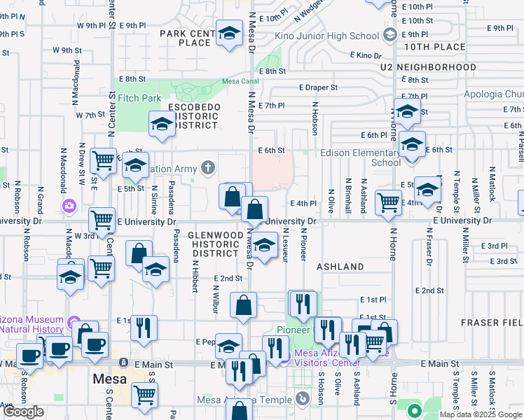 map of restaurants, bars, coffee shops, grocery stores, and more near 422 East University Drive in Mesa