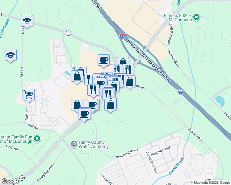 map of restaurants, bars, coffee shops, grocery stores, and more near 1305 Georgia 20 in McDonough