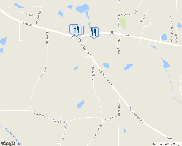 map of restaurants, bars, coffee shops, grocery stores, and more near 1967 King Mill Road in McDonough