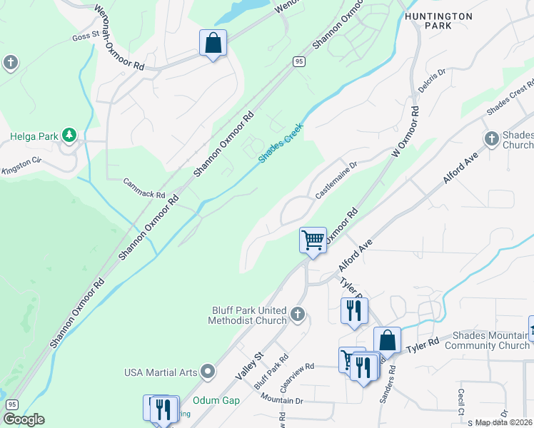 map of restaurants, bars, coffee shops, grocery stores, and more near 1001 Castlemaine Way in Birmingham