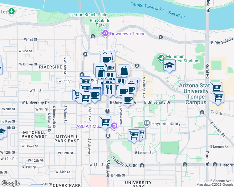 map of restaurants, bars, coffee shops, grocery stores, and more near 11 East 7th Street in Tempe