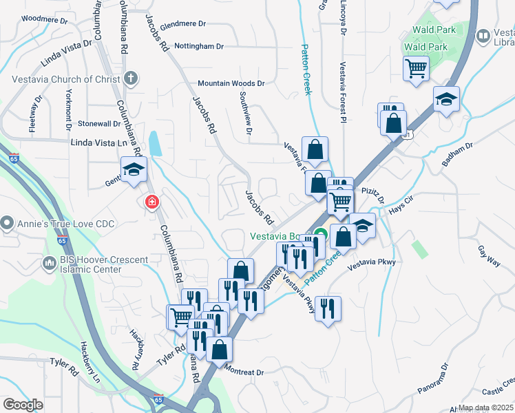 map of restaurants, bars, coffee shops, grocery stores, and more near 1818 Arboretum Circle in Vestavia Hills