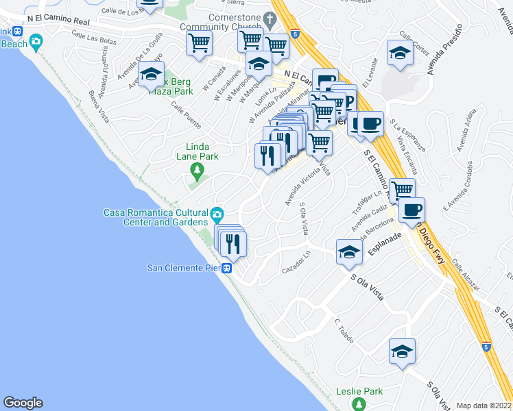 map of restaurants, bars, coffee shops, grocery stores, and more near 308 Avenida Granada in San Clemente