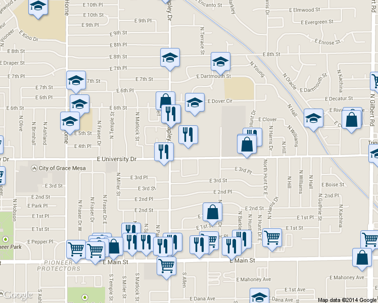 map of restaurants, bars, coffee shops, grocery stores, and more near 425 North Stapley Drive in Mesa