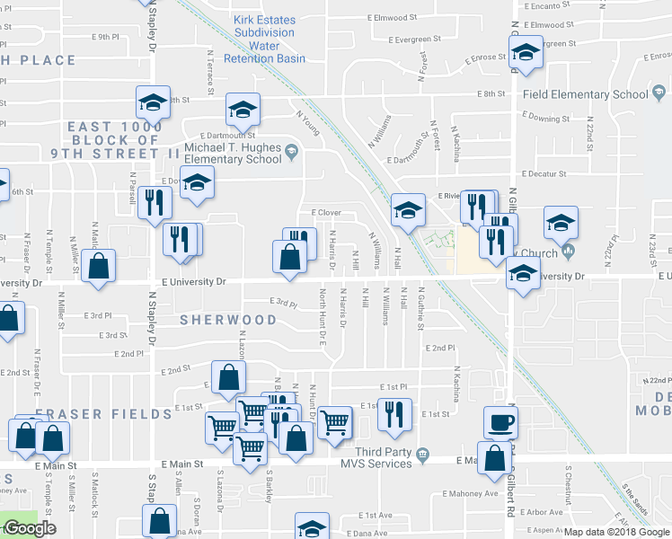 map of restaurants, bars, coffee shops, grocery stores, and more near 1604 East University Drive in Mesa