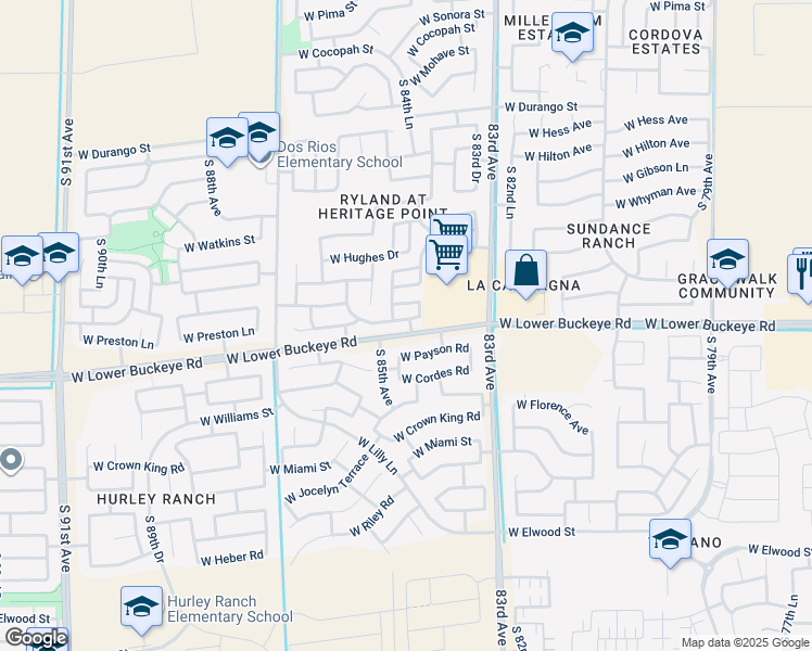 map of restaurants, bars, coffee shops, grocery stores, and more near 8417 West Preston Lane in Tolleson