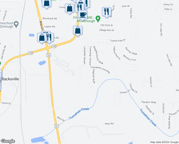 map of restaurants, bars, coffee shops, grocery stores, and more near 2005 Uptown Square in McDonough