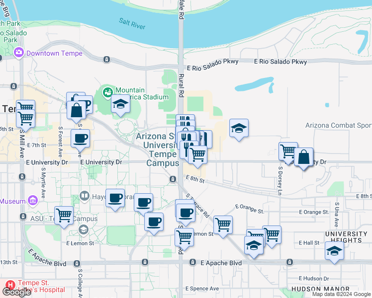 map of restaurants, bars, coffee shops, grocery stores, and more near 721 South Rural Road in Tempe