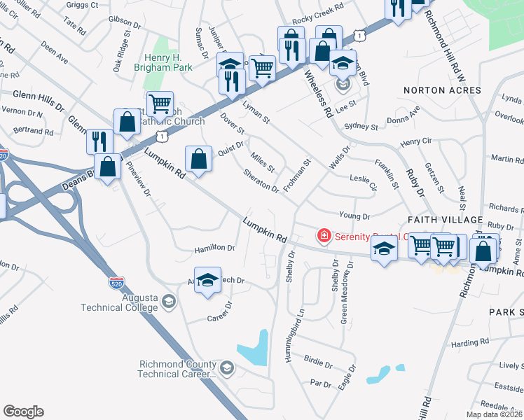 map of restaurants, bars, coffee shops, grocery stores, and more near 3101 Jennifer Court in Augusta