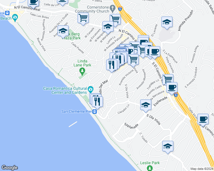 map of restaurants, bars, coffee shops, grocery stores, and more near 308 Avenida Granada in San Clemente