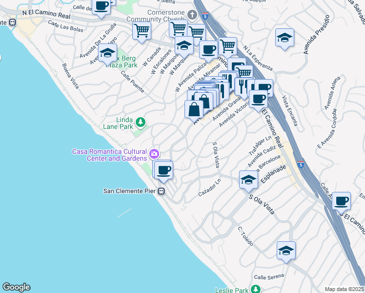 map of restaurants, bars, coffee shops, grocery stores, and more near in San Clemente