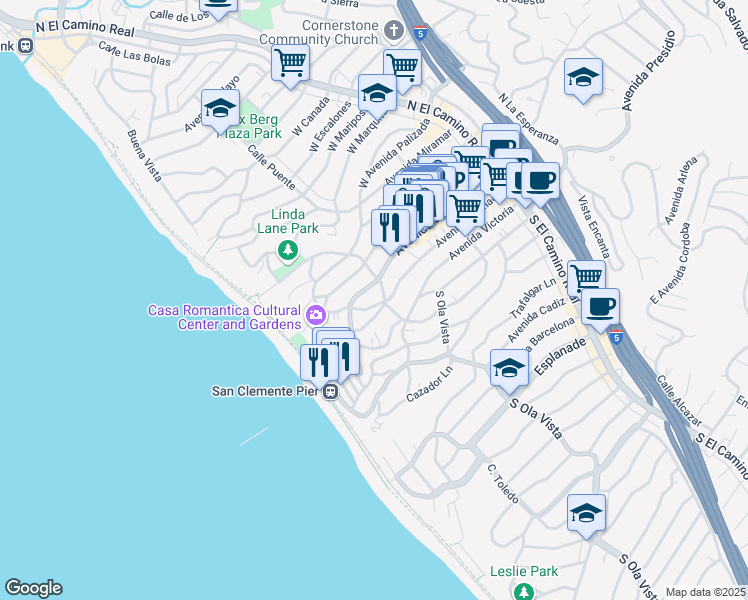 map of restaurants, bars, coffee shops, grocery stores, and more near 308 Avenida Granada in San Clemente