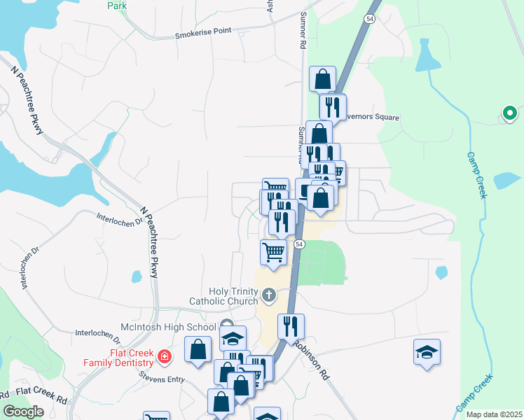 map of restaurants, bars, coffee shops, grocery stores, and more near 108 Lexington Village in Peachtree City