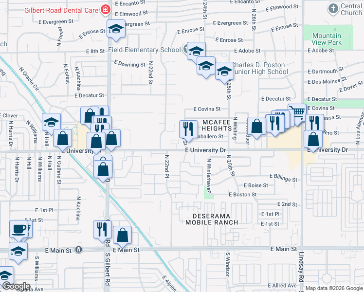 map of restaurants, bars, coffee shops, grocery stores, and more near 2260 East University Drive in Mesa