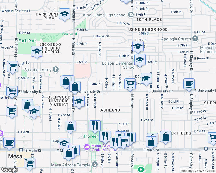 map of restaurants, bars, coffee shops, grocery stores, and more near 417 North Olive in Mesa