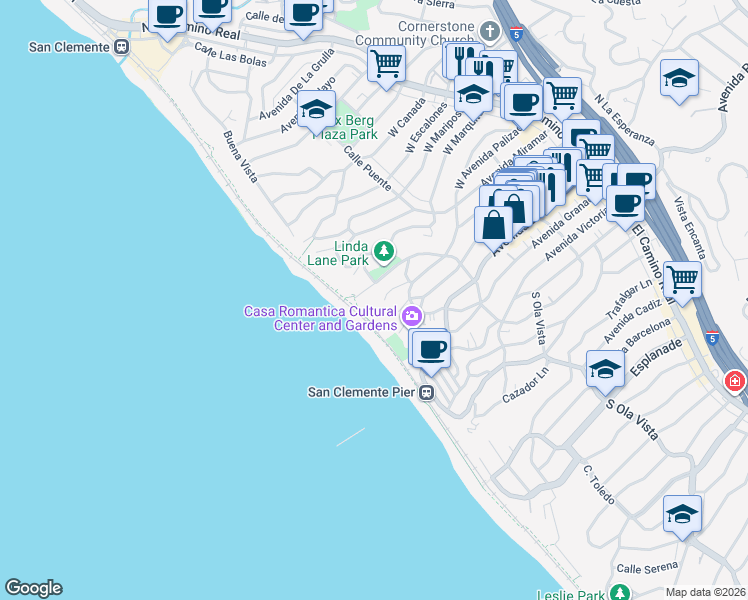 map of restaurants, bars, coffee shops, grocery stores, and more near 412 Arenoso Lane in San Clemente