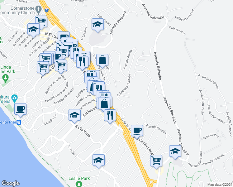 map of restaurants, bars, coffee shops, grocery stores, and more near 303 East Avenida Cordoba in San Clemente