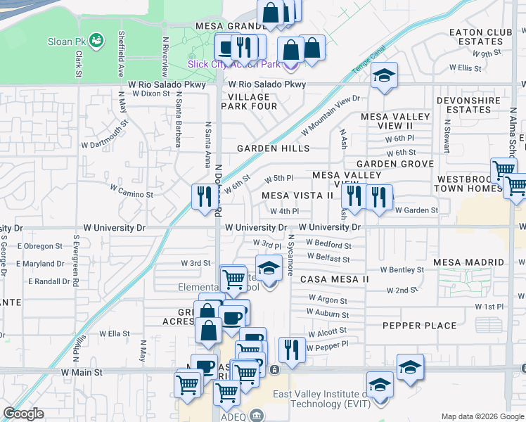 map of restaurants, bars, coffee shops, grocery stores, and more near 1853 W 4th Pl in Mesa