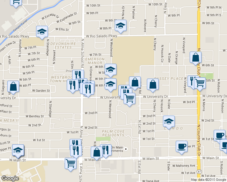 map of restaurants, bars, coffee shops, grocery stores, and more near 415 North Westwood in Mesa