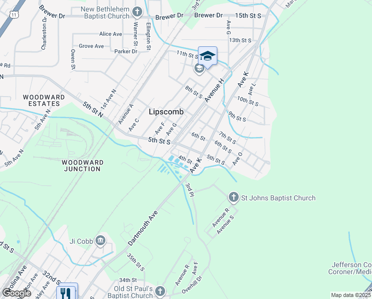 map of restaurants, bars, coffee shops, grocery stores, and more near 5907 5th Street South in Bessemer