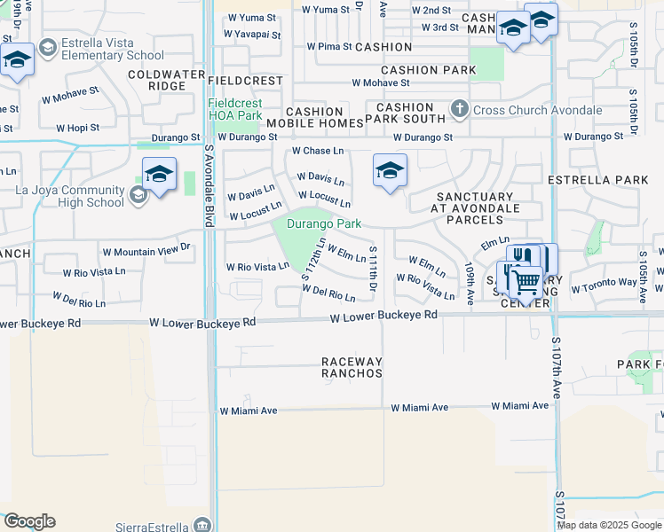 map of restaurants, bars, coffee shops, grocery stores, and more near 11222 West Rio Vista Lane in Avondale