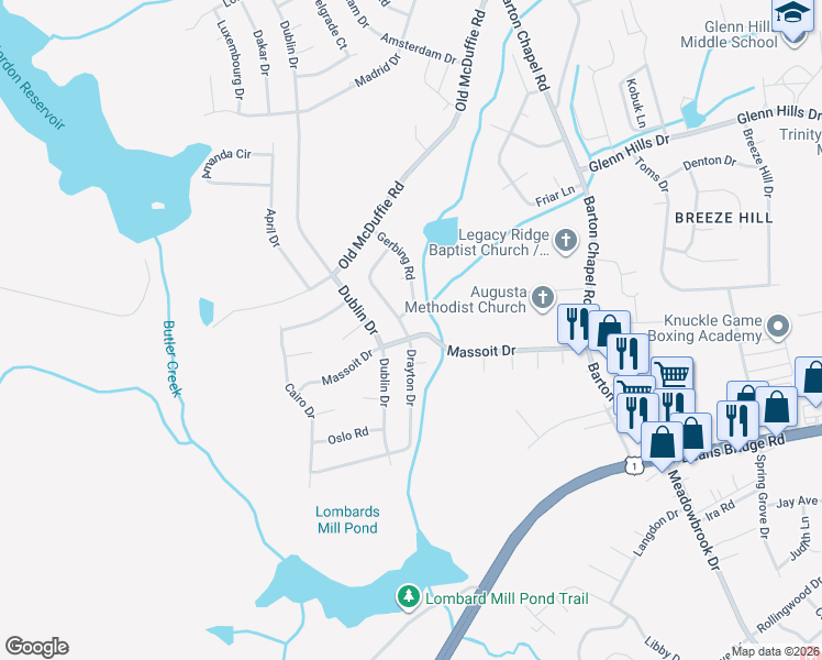 map of restaurants, bars, coffee shops, grocery stores, and more near 2526 Drayton Drive in Augusta