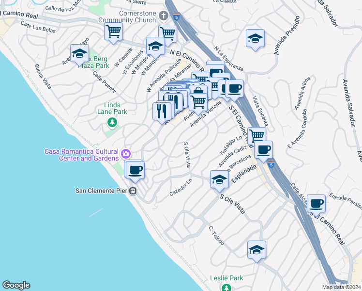 map of restaurants, bars, coffee shops, grocery stores, and more near 249 Avenida Rosa in San Clemente