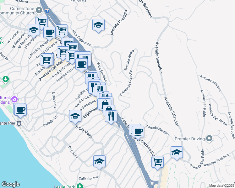 map of restaurants, bars, coffee shops, grocery stores, and more near 303 East Avenida Cordoba in San Clemente