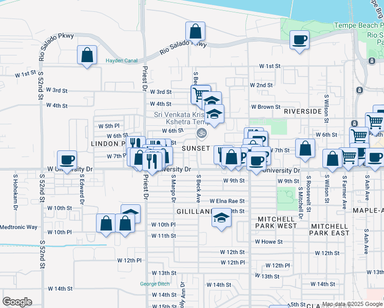 map of restaurants, bars, coffee shops, grocery stores, and more near 750 South Beck Avenue in Tempe