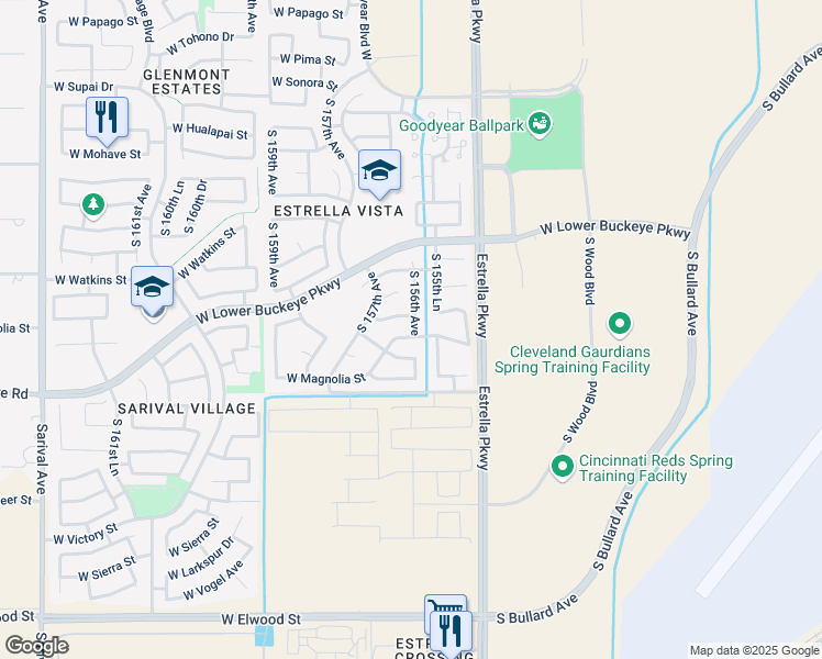 map of restaurants, bars, coffee shops, grocery stores, and more near 2682 South 156th Drive in Goodyear