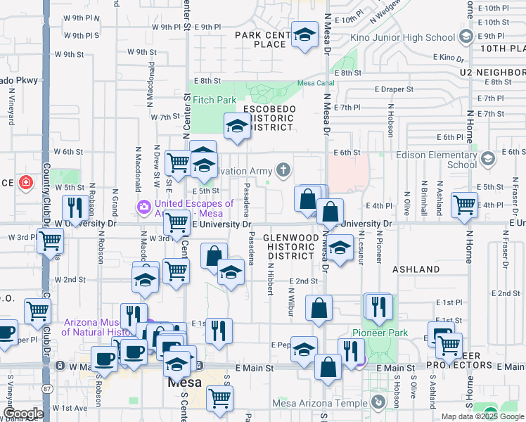 map of restaurants, bars, coffee shops, grocery stores, and more near 414 North Hibbert in Mesa