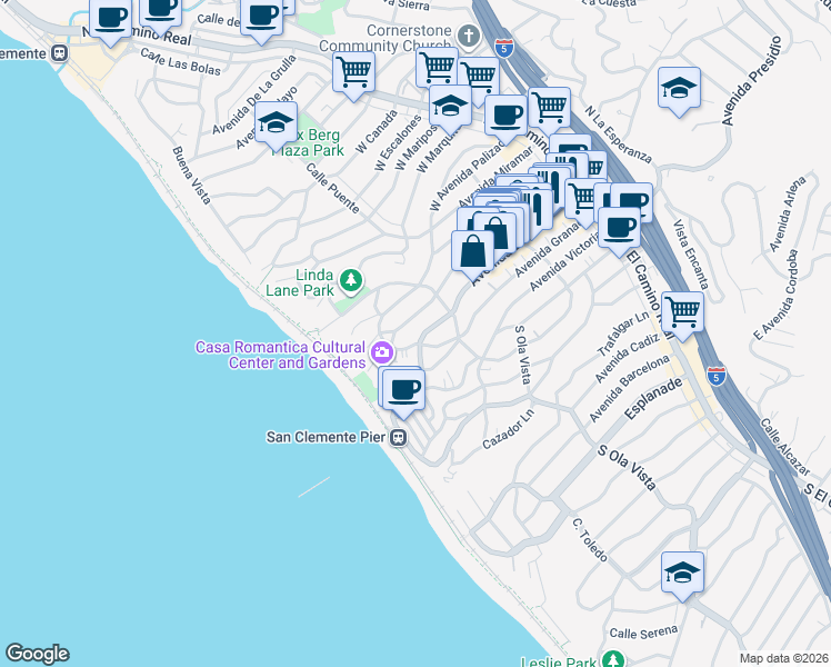 map of restaurants, bars, coffee shops, grocery stores, and more near 320 Avenida Del Mar in San Clemente