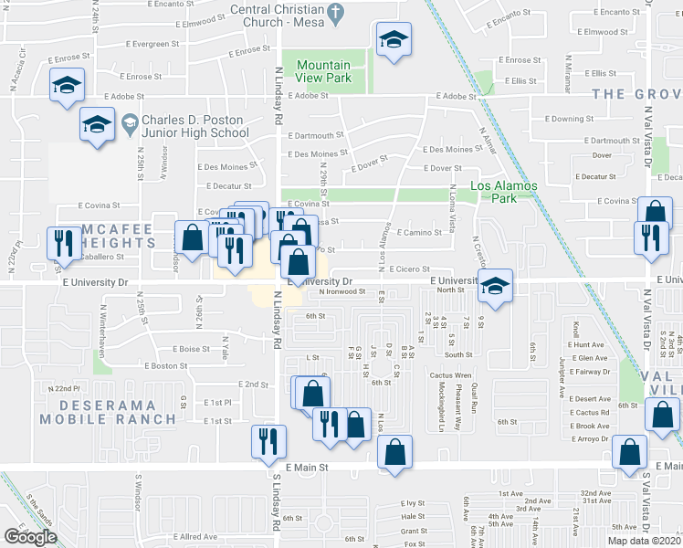 map of restaurants, bars, coffee shops, grocery stores, and more near 2921 East Cicero Street in Mesa
