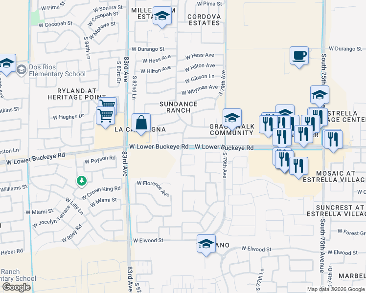 map of restaurants, bars, coffee shops, grocery stores, and more near W Lower Buckeye Rd & S 81st Ave in Phoenix